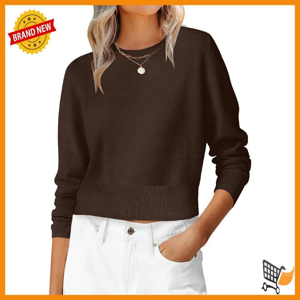 Cropped Crew Neck Long Sleeve Sweater Lightweight Ribbed Knit Top